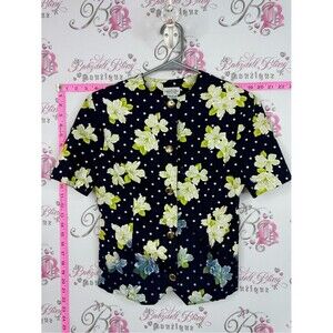 MONA LISA Italy vintage top Black Floral Polka Dot Button Front Top